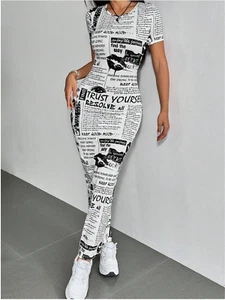 EZwear Newspaper Print Short Sleeve Slim Fir Long Bodycon Dress Sz XS S M L - Picture 1 of 6