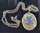 Vtg Whiting & Davis Large Silvertone Ornate Locket Blue Cameo Necklace