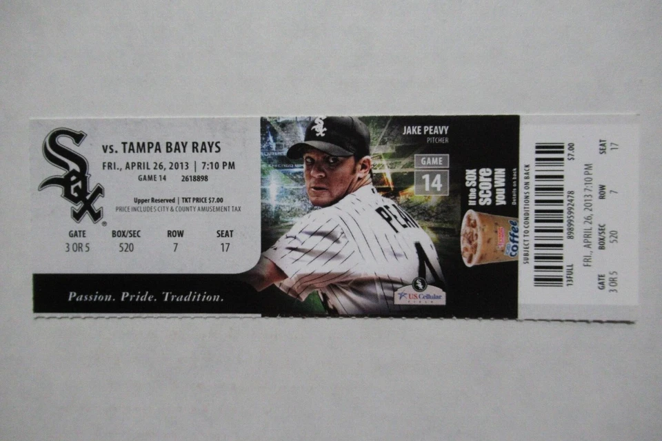 Ingresso completo CHICAGO WHITE SOX VS TAMPA BAY RAYS 26/04/2013 ~ JAKE PEAVY (GANHA/6Ks) - Imagem 1 de 1
