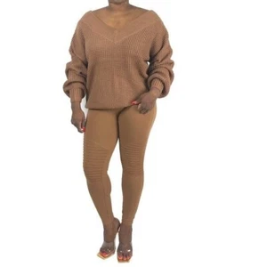 Damen Zenana zweiteiliges V-Ausschnitt Pullover & Moto Legging Set braun/camel Small - Bild 1 von 8