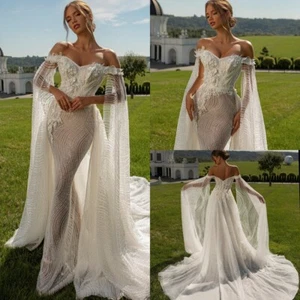 Mermaid Wedding Dresses Off Shoulder with Detachable Train Luxury Bridal Gowns - Picture 1 of 10