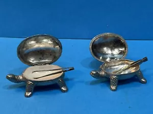 2–Old Small Silver Plated Turtles Pill Box/Slat Server With Tweezers  - Picture 1 of 12