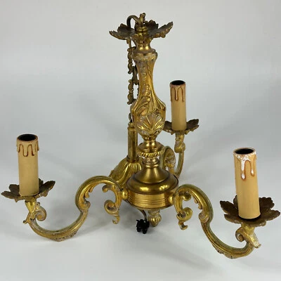 Vintage French 3 Arm Ornate Gold Colour Heavy Bronze Ceiling Light Chandelier - Image 1 of 4