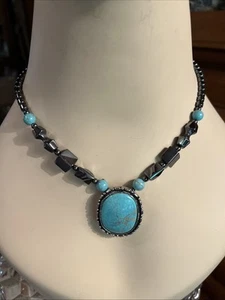 Hematite & Faux Turquoise Necklace Southwestern Boho New Older Stock - Picture 1 of 5