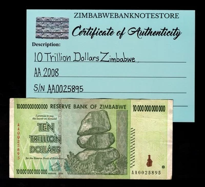 10 万亿津巴布韦元钞票 AA 2008 正品低序列 # AA0025895 — 第 1/3 张图片