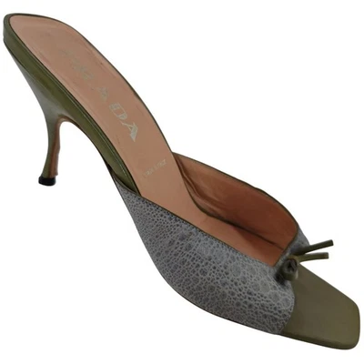 Vintage Prada Italy Designer Heels Grey Green Leather Womens 9 Mules Dress Shoes - Image 1 of 4