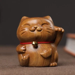 Sandalwood Beckoning Cat Figurine Good Luck Fortune Wood Carving Lucky - Picture 1 of 1
