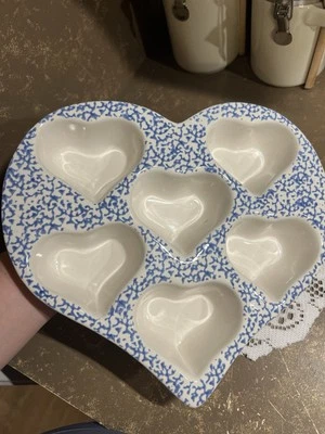 Vintage Blue Sponge Ceramic Heart Shaped Muffin Pan - Image 1 of 4