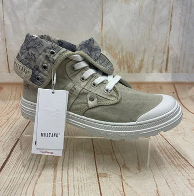 Mustang High Top Lace Up Womens  Fabric Trainers Boot Beige Select Size - Image 1 of 4