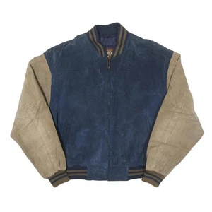 GLOBAL IDENTITY Mens Navy & Tan Leather Bomber L Leather Colourblock Zip Jacket - Picture 1 of 6