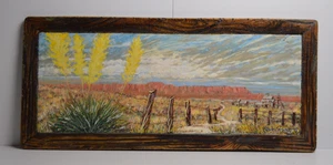 Vintage Kunst Gemälde gemalt Wüste Mesa blühend Nolina Bauernhof Südwesten Panorama - Bild 1 von 19