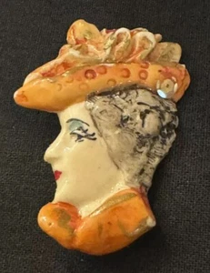 VINTAGE Brooch Art Nouveau Style WOMAN HAT Resin Pin 2” Hand Painted - Picture 1 of 2