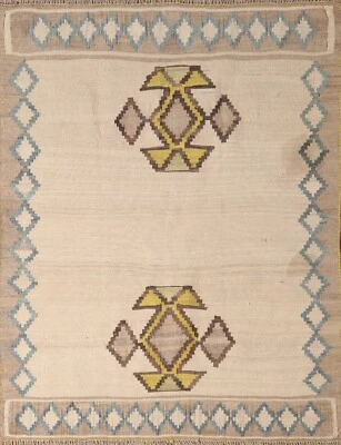Vintage Geometric Ivory Kilim Reversible Rug 4'x5' Flat weave Wool Rug Carpet - Image 1 of 4