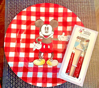 Pottery Barn Mickey Mouse Plate Holiday Disney + Utensil Christmas School Kid / - Image 1 of 4