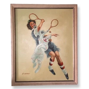 Vintage Clowns Playing Tennis Oil Painting Framed Signed O’Hammer - Picture 1 of 24