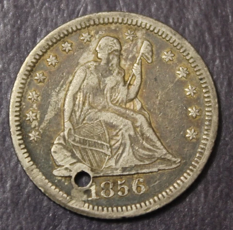 1856 O Seated Liberty Quarter XF Details Holed.....................Lot 9191 Cover
