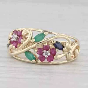 Round Cut Lab Created Pink Ruby Women's Folwer Band Ring 14K Yellow Gold Plated - Picture 1 of 9