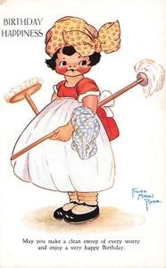 ARTIST FREDA MABEL ROSE BIRTHDAY POSTCARD CLEAN SWEEP OF EVERY WORRY 1929 052225 - Imagen 1 de 2