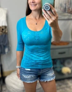 Sexy Low Scoop Burnout Grunge Skull Raglan Jersey Henley Top Shirt Green S/M/L - Picture 1 of 5