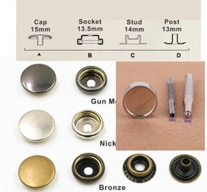 Knopfverschluss Eisenbefestigung 15mm 7 Sets Metall gebräunt Knöpfe + Werkzeug new - Bild 1 von 5