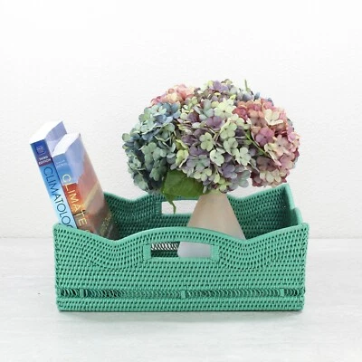 Tight Woven Scalloped Rattan Tray with Handles, Luxury Home Decor, Turquoise - Image 1 of 4