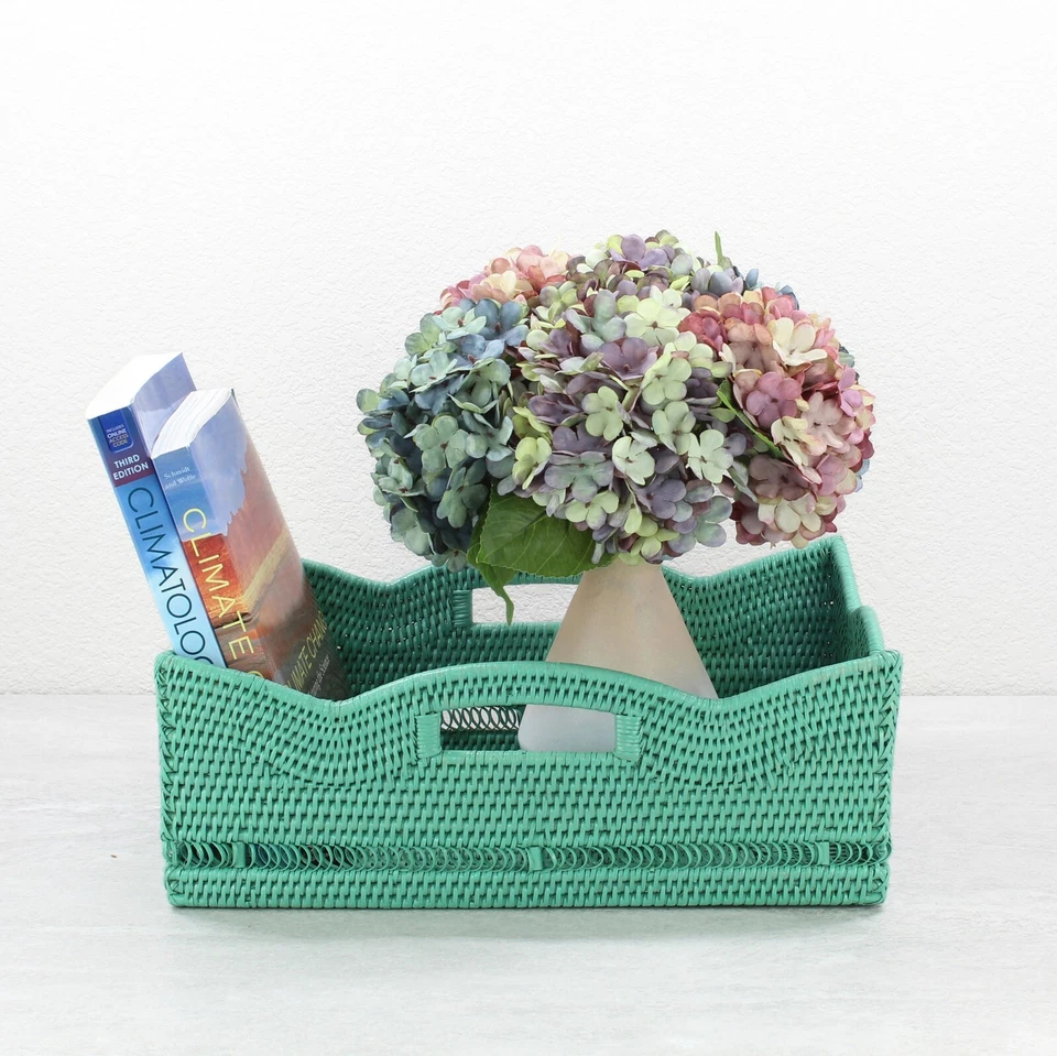 Tight Woven Scalloped Rattan Tray with Handles, Luxury Home Decor, Turquoise - Image 1 of 4