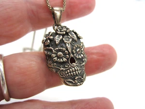 Estate Vintage Ornate Sterling Silver DIA DE LOS MUERTOS Skull Flowers Necklace - Picture 1 of 5