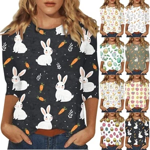 3/4 Sleeve Shirts For Women Cute Easter Print Graphic Tees Blouses Casual Plus - Picture 1 of 36