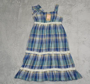 Juicy Couture Dress Size 8 Blue Plaid Crinkle Gauze Lace Trim NWT Sleeveless - Picture 1 of 15