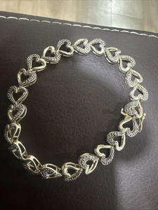 .925 Sterling Silver Heart Womens Bracelet With Gold Plate 14k Diamond 7 In - Picture 1 of 11