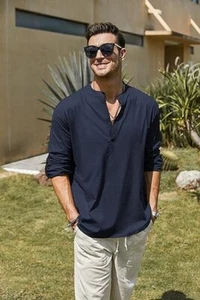 COOFANDY Men's Cotton Linen Henley T-Shirt Long Sleeve Hippie Casual Beach 4XL - Picture 1 of 7