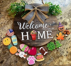 Welcome To Our Home Sign Front Door 16 Magnetic Icons Seasonal Round Wood Wreath - Picture 1 of 6