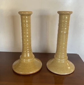 Ethan Allen Mustard Color Pottery Candlesticks - Picture 1 of 6