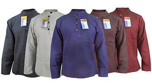 Men's Plain Hemp Cotton Full Grandad Collarless Button Nepalese Boho Shirt Tops