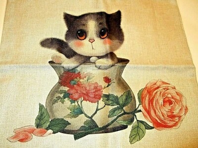 Square Cotton Canvas Kitten in a Flower Vase Pillow Cover 17" x 17" NEW (#60) - Image 1 of 4