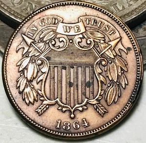 1864 Two Cent Piece 2C FULL MOTTO Ungraded Civil War Date US Copper Coin CC26059 - Picture 1 of 8
