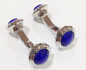 NOVELTY CURVED SILVER ROUND BLUE STONE MENS DRESS CUFF LINKS CUFFLINKS (#1025) - Imagen 1 de 1
