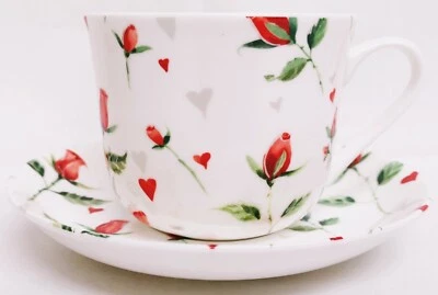 Hearts & Red Roses Cup Saucer Bone China Breakfast 15oz Jumbo Large Decorated UK - Image 1 of 4