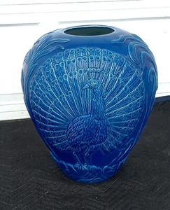 Vintage Antique Large Blue Porcelain Peacock Floor Vase - Picture 1 of 10