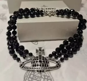 Collier ras du cou Vivienne Westwood Messaline triple trois rangs noir gemme argent - Photo 1/6