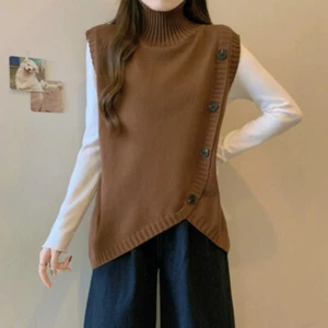 Lady Knit Vest Irregular Sleeveless Sweaters Waistcoat Decorative Button Classic - Picture 1 of 11