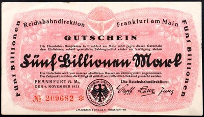 FRANKFURT 1923 5 TRILLION MARK! P-S1227 Reichsbahn Railroad Inflation Notgeld - Image 1 of 2