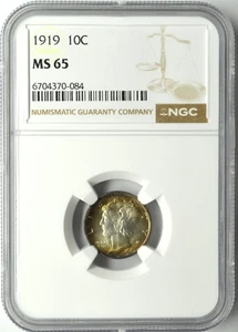 1919 MERCURY DIME 10C NGC MS 65 - Picture 1 of 2