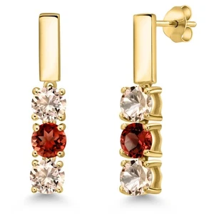 1.35 Ct Round Peach Morganite Red Garnet 18K Yellow Gold Plated Silver Earrings - Picture 1 of 6