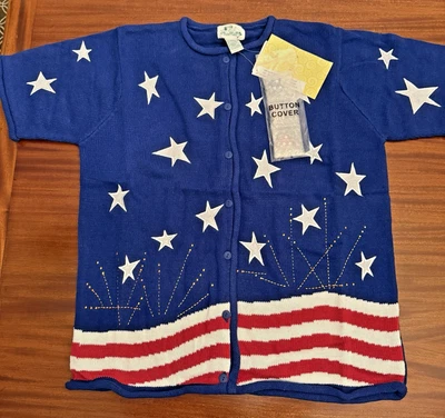 Quacker Factory Women Large Sweater Patriotic NWT USA Flag Stars Button Covers - Image 1 of 4