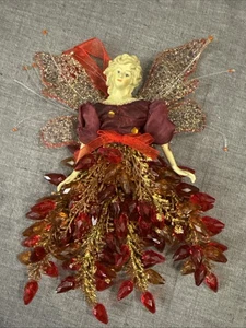 Fairy / Angel Christmas Ornament Red Beads  Gold Branches Glitter - 8 Inch - Picture 1 of 9