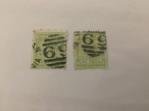 Victoria 1884-1900 1d StampDuty Green Queen used SS#54 perf Barrel cancel 69 x 2 - Picture 1 of 2