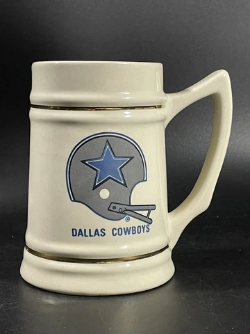 Vintage NFL Dallas Cowboys 1970's Stein Mug Classic Helmet Logo Gold Trim Cup Cover