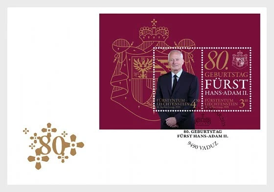 Liechtenstein 2025 80th Birthday  Prince HANS ADAM II 1945 portrait ms2v FDC PJ - Image 1 of 1