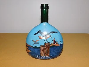 VINTAGE ART 8" HIGH HAND PAINTED OCEAN SEAGULL LIGHT HOUSE WINE BOTTLE **EMPTY** - Picture 1 of 11